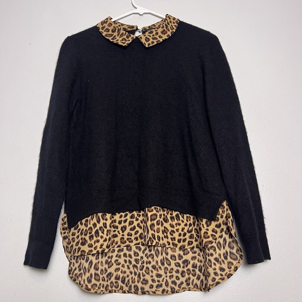 Charter Club Women's 100% Cashmere Leopard Print Trimmed Sweater Sz M Black
